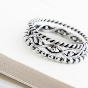 Oxidized Sterling Silver Triple Ring Set: Twisted, Balls, Eyes