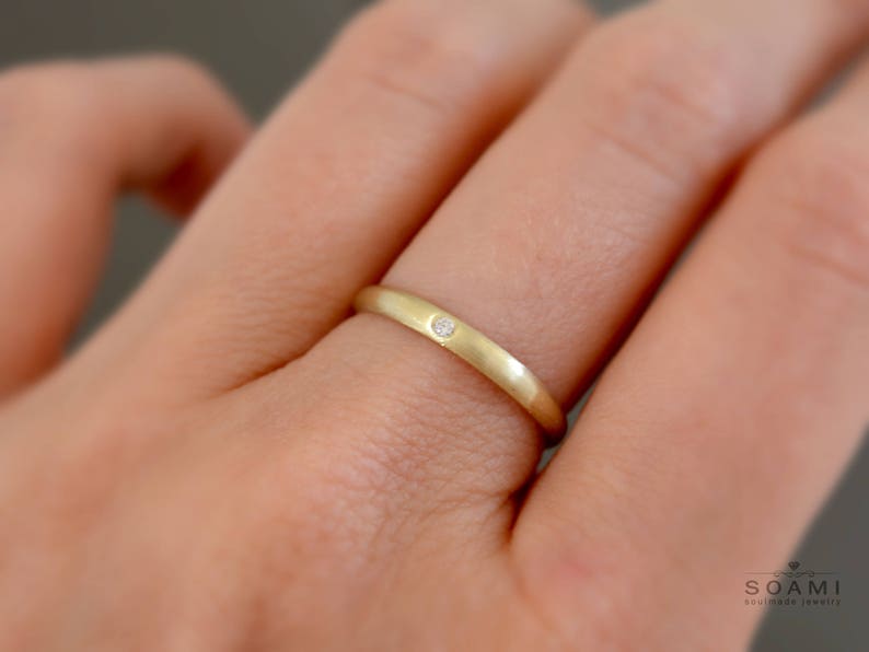 Wedding plain diamond solid yellow gold band ring, brushed rose gold diamond wedding plain band ring, satin finish image 4