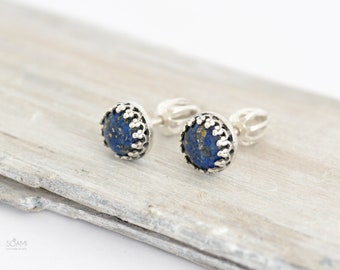 925 sterling silver circle lapis lazuli stud earrings, lapis lazuli stud earrings,  blue gem studs