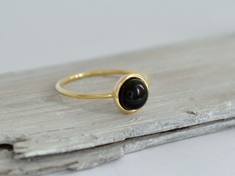 14k solid gold black onyx ring, statement gold black gem ring, black gem gold ring image 2