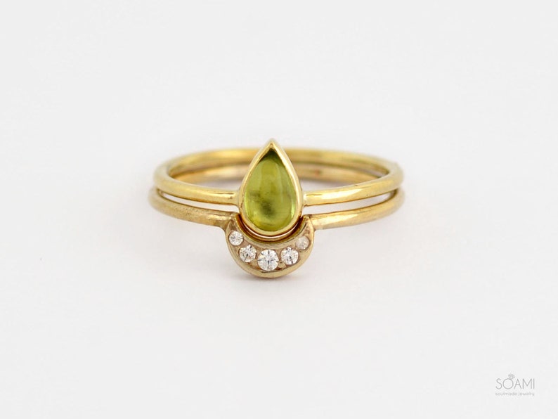 Stacking teardrop gold ring peridot contour ring set olivine engagement ring set half moon and tear drop peridot ring