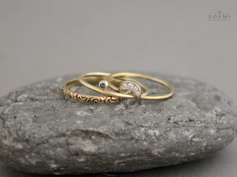 Stacking solid gold half moon rings gold stack half moon rings sapphire stack ring, gold rings set