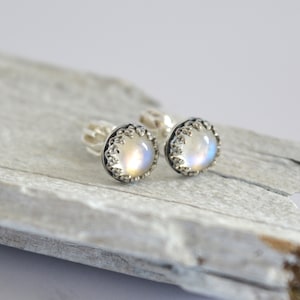 Sterling Silver Moonstone Stud Earrings: Adularia Gem, 7mm