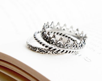 Sterling silver triple staking crown ring, Crown ring, set of 3  silver stackable rings, set of rings, stack rings