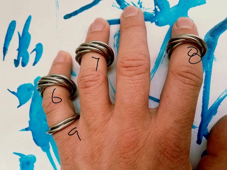 May include: A hand wearing four silver rings, each with a different number of bands. The rings are numbered 6, 7, 8, and 9.