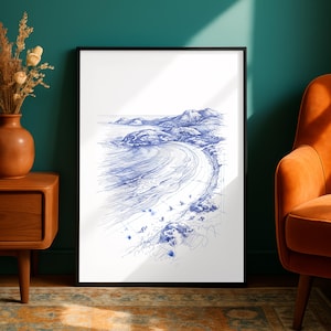 Puede incluir: Una lámina de arte enmarcada con un boceto en tinta azul de un paisaje costero. El dibujo representa una playa de arena curva junto al océano, con colinas al fondo y pequeñas figuras de canguros dispersas a lo largo de la orilla.