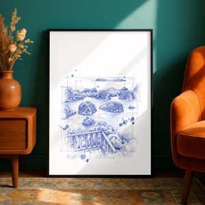 May include: A framed art print featuring a blue ink sketch of a coastal landscape with rocky islands, a wooden deck railing in the foreground, and technical architectural lines overlaid across the drawing on a white background.