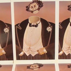 May include: Six art prints featuring a surreal illustration of a headless figure in a tuxedo. The figure has a white shirt, black bow tie, and a flower on the lapel. The detached head floats above the torso against a peach background.