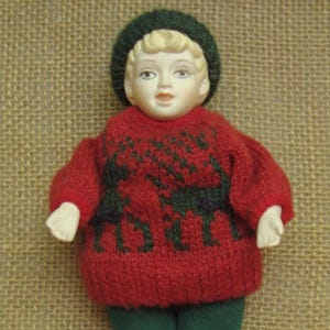 Vintage Christmas boy doll ornament in reindeer sweater - 7 3/4&quot; - red and green winter Xmas holiday boy doll decoration