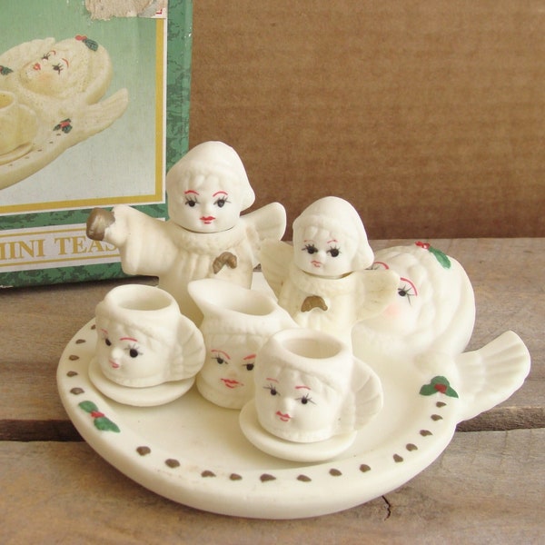 Vintage miniature angel tea set by World's Bazaar - 10 pieces, complete with box - doll kitchen miniature, diorama fairy garden prop