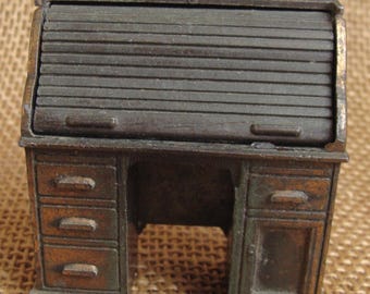Vintage American Greetings metal roll top desk miniature - 2 1/4" - Durham Industries - doll office furniture