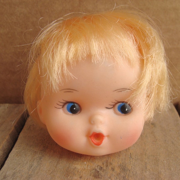 Vintage beige child kid doll head with blonde hair - 2" - Hong Kong little girl boy doll making part - FLAWED (read descrip)