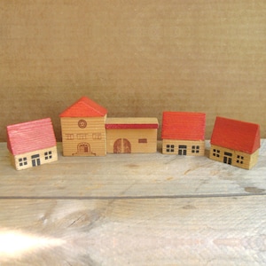 Vintage train station and house wood building miniatures - 1 3/8&quot; to 2&quot; - Christmas village diorama miniatures - possibly German Erzgebirge