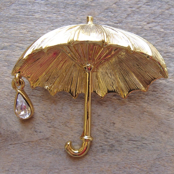 Vintage Danecraft umbrella brooch pin - 1 5/8" - white raindrop dangle accent - gold color parasol umbrella costume jewelry pin