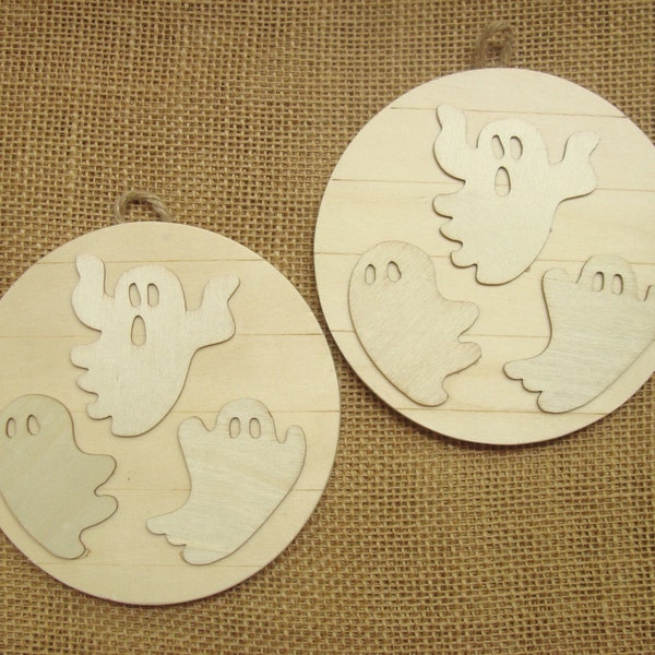 Vintage unfinished ghost wood medallion ornaments for painting, DIY - 4 1/2" - Halloween wood craft ghost shapes