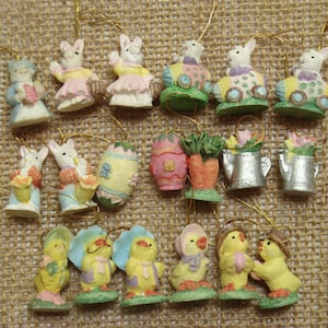 Lot of 19 mini Easter ornaments - Giftco - eggs, bunnies, bird - feather tree ornaments, fairy garden doll house props - WEAR (read descrip)