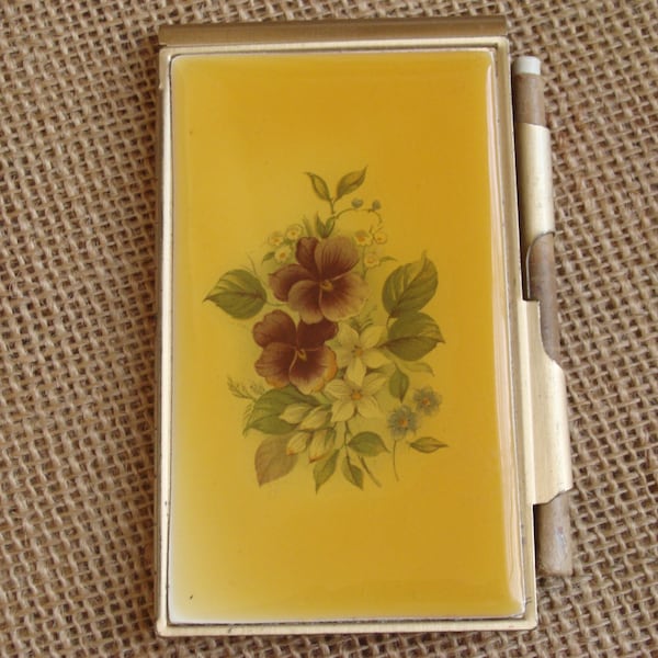 Vintage metal goldtone flower memo pad holder w/ slot for pencil - 4.25" x 2.5" - retro office supply, small compact pad container