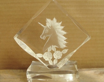Vintage reverse etched clear acrylic unicorn and rose paperweight - 5 1/2" tall - fun fantasy decor piece