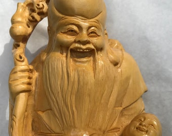 Chinese carved wooden statue, Zhoulao, one of the 7 gods of happiness