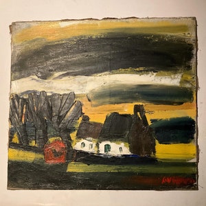 May include: A painting depicting a landscape with a house, trees, and a cloudy sky. The house is white with green windows and a brown roof. The trees are dark green and the sky is a mix of yellow, grey, and white.