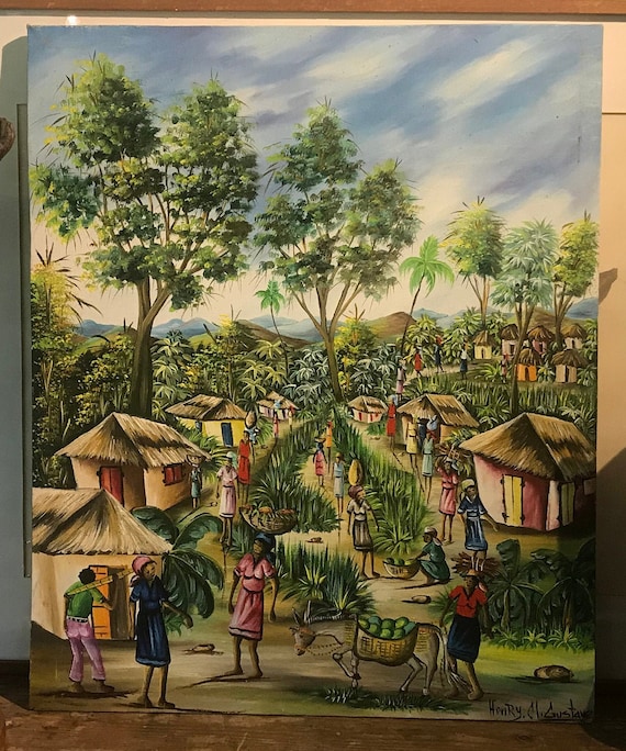 Tableau très coloré, scène de village et femmes au travail peint sur un sac de farine « perle des Antilles »