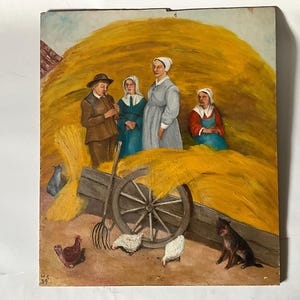 パネルに油絵、小麦に反抗する人物、荷車、鶏と犬、素朴なスタイル