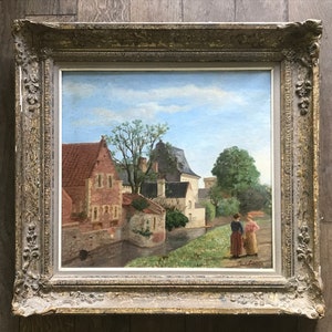 Ölgemälde auf Leinwand, Landschaft mit Bächen und plaudernden Frauen am Fluss