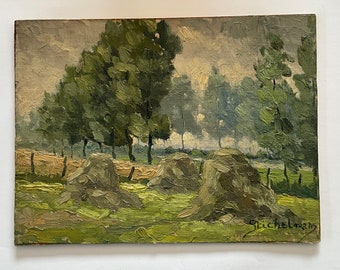 Oil painting on a canvas placed in a panel, landscape with haystacks, Stichelmans