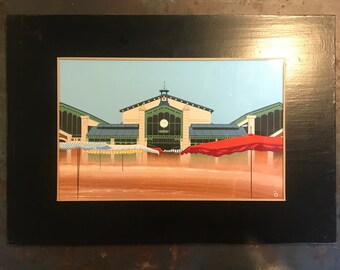 Gouache on paper, market and tents.