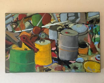 Acrylic painting on canvas, set of jerrycans, signed Assie, 2006