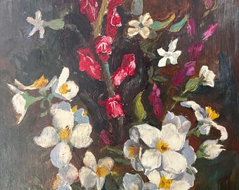 Peinture à l’huile encadrée, fleurs dans un vase.