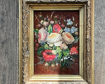 Oil painting on wood panel, various flowers on walnut burl panel