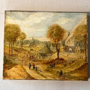 Olieverfschilderij op doek, oud ogend dorpsgezicht met monogram B.D.