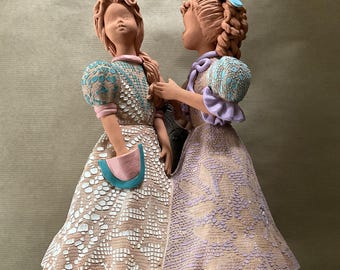 Terracotta statuette, 2 women, by Eva Bod, Hungarian artist