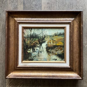 Oil painting on wood panel, winter landscape by René Ducourant