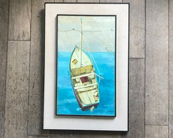 Mesa, aceite sobre cartón, barco en el agua