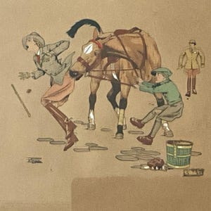 May include: A vintage-style illustration depicting a tan horse being led by a person in a green jacket and cap, while another person in a grey jacket and tan trousers reacts nearby. A small green bucket sits on the ground near a standing figure.