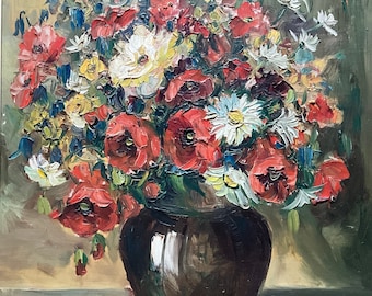 Olieverfschilderij op doek, boeket bloemen in een vaas.