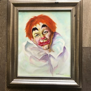 Oil painting on canvas, clown head signed Jean Van Geesberghen