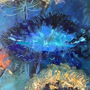 May include: Abstract painting with blue, teal, and gold hues. The painting features a large, blue, flower-like shape in the center, surrounded by smaller, gold shapes.