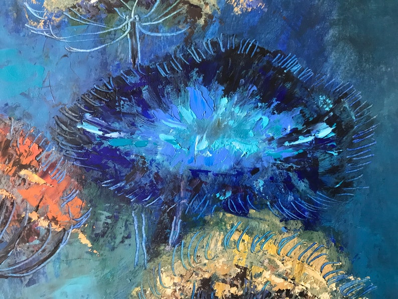 May include: Abstract painting with blue, teal, and gold hues. The painting features a large, blue, flower-like shape in the center, surrounded by smaller, gold shapes.