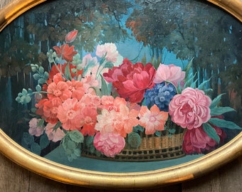 Oil painting on canvas mounted on wood panel, bouquet of flowers in a basket