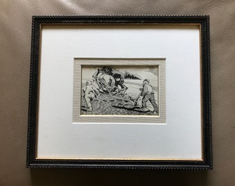 May include: A black and white framed illustration of two people pulling a horse-drawn plow. The illustration is set against a background of trees and a cloudy sky.