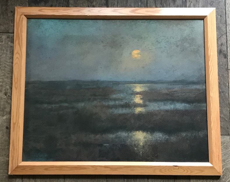 May include: A framed painting depicting a moonlit landscape with a large, bright moon reflecting on the water. The painting is done in muted tones of blue, green, and brown.