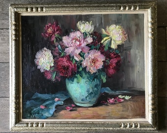 Oil painting on panel, bunch of roses in a vase.