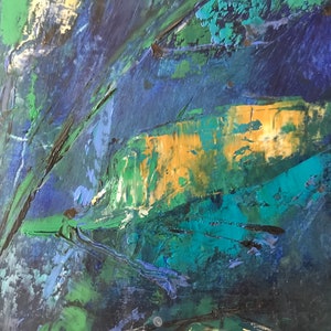 May include: Abstract painting with thick brushstrokes in shades of blue, green, and yellow. The colors are layered and blended, creating a textured and dynamic surface.