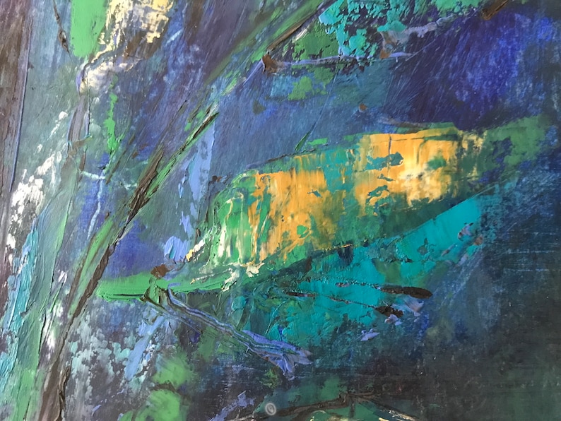 May include: Abstract painting with thick brushstrokes in shades of blue, green, and yellow. The colors are layered and blended, creating a textured and dynamic surface.