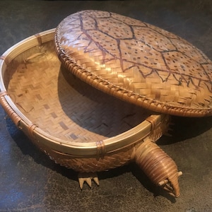 Peut inclure: Un panier en osier brun en forme de tortue avec un couvercle. Le couvercle présente un motif géométrique de lignes brunes sur un fond brun clair.