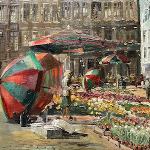 Oil painting on canvas, grand square in Brussels and flower market, Robert Uldéric Gérard