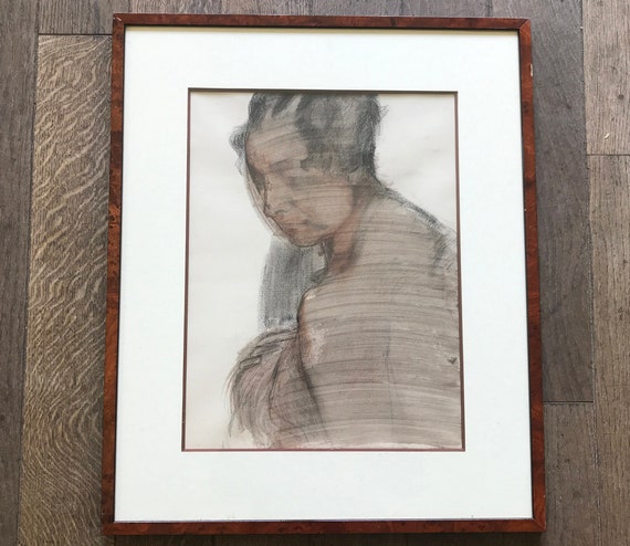 Fusain et aquarelle sur papier, visage de femme en semi profil , Georges Van Zevenberghen